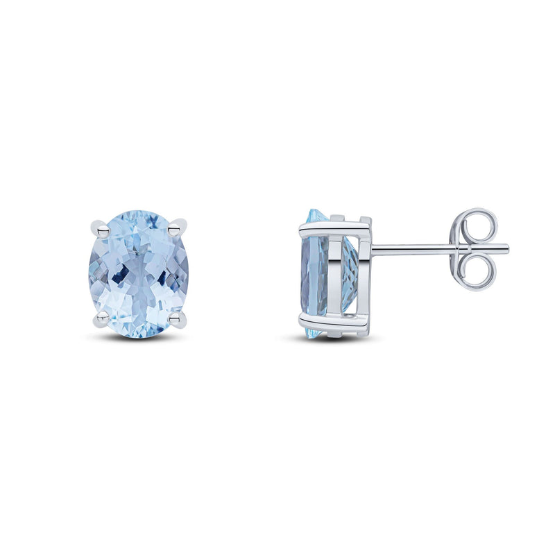 9ct White Gold Oval Natural Aquamarine Claw Stud Earrings — 9x7mm