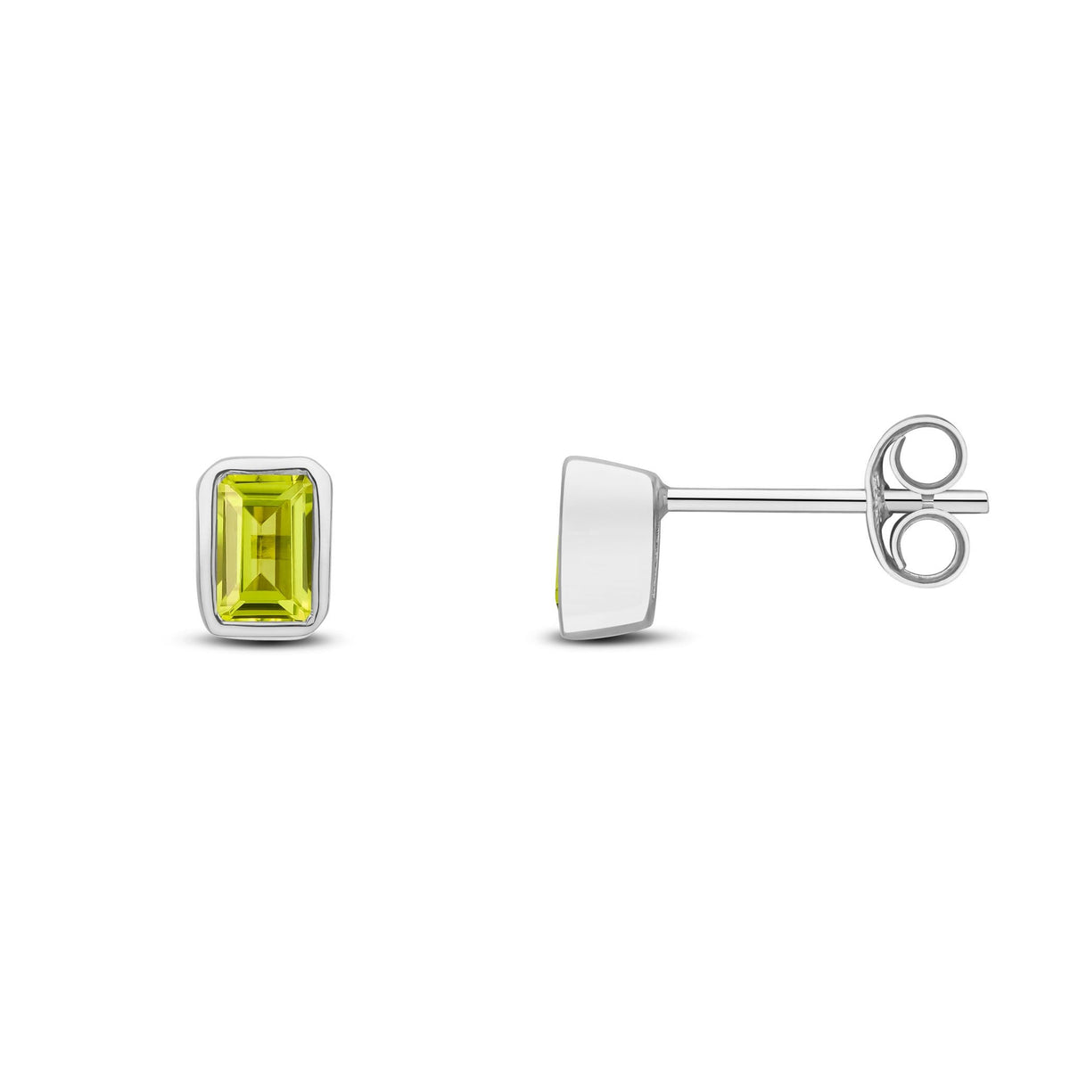 9ct White Gold Octagonal Emerald Cut Natural Peridot Rubover Stud Earrings — 5x3mm