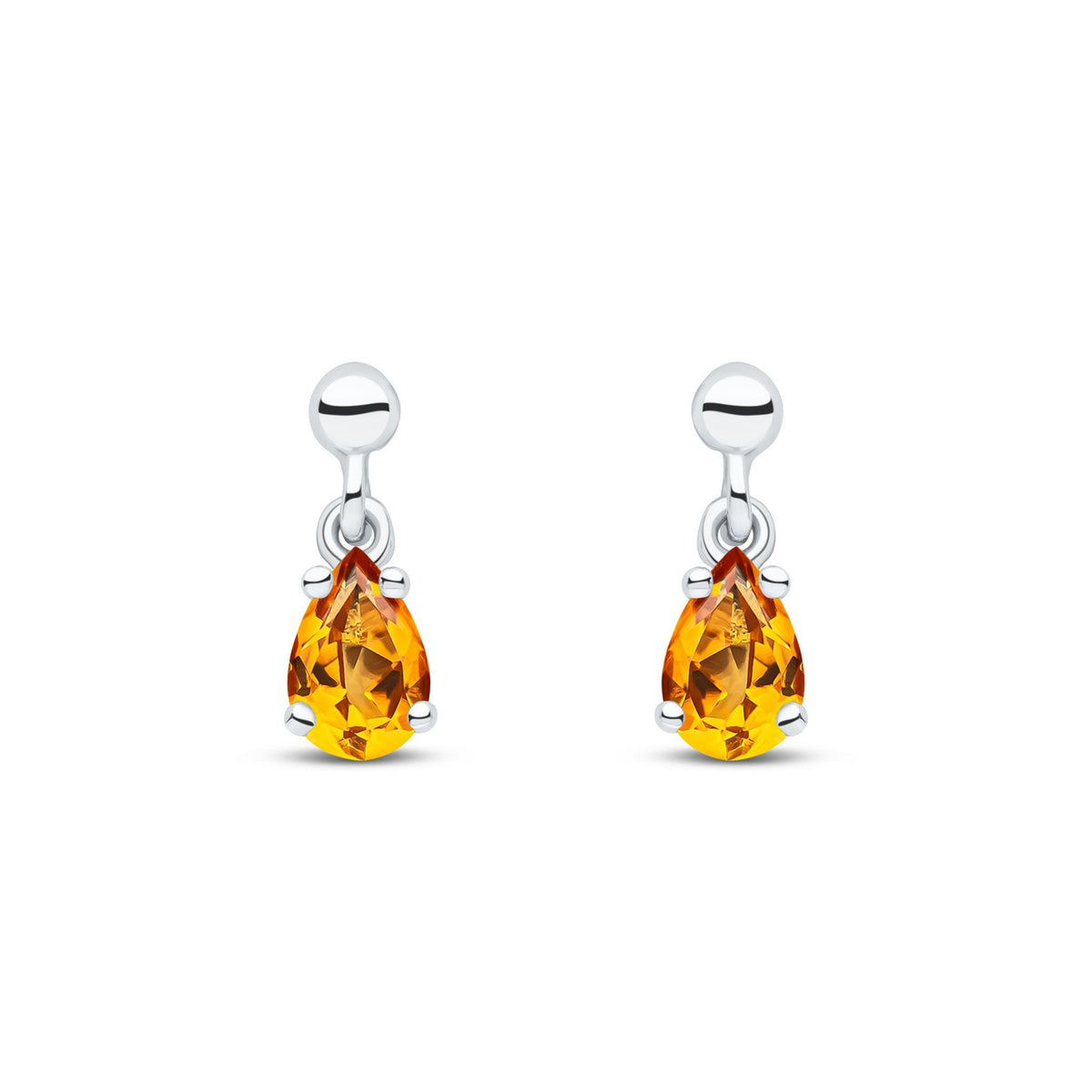 9ct White Gold Pear Shaped Natural Citrine Claw Drop Earrings — 6x4mm