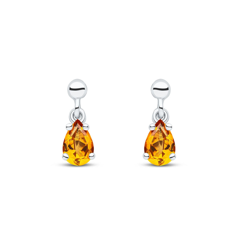 9ct White Gold Pear Shaped Natural Citrine Claw Drop Earrings — 6x4mm