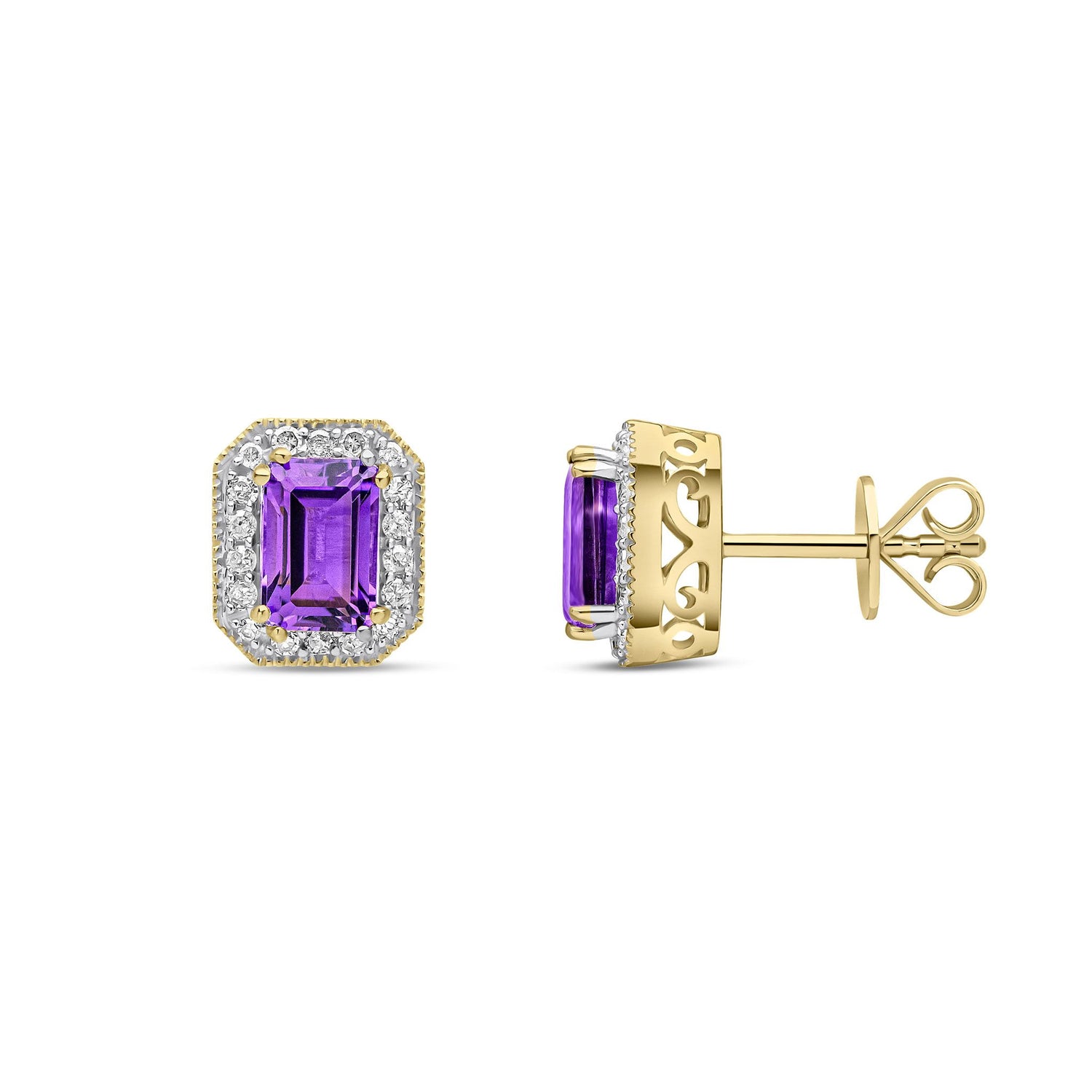 9ct Yellow Gold Natural Amethyst and Diamond Octagon Stud Earrings