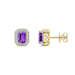 9ct Yellow Gold Octagonal Natural Amethyst & Diamond Halo Stud Earrings — 6x4mm