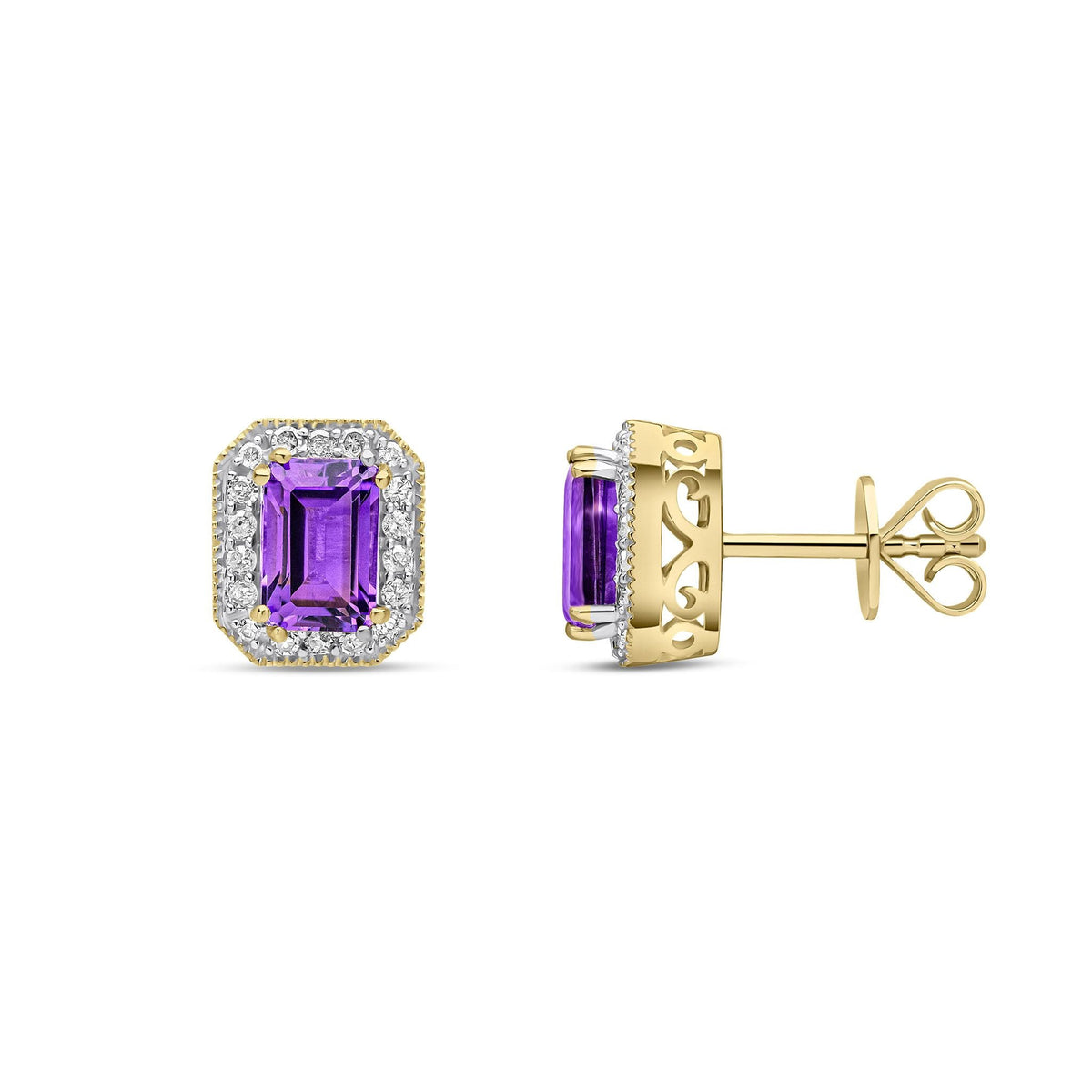 9ct Yellow Gold Octagonal Natural Amethyst & Diamond Halo Stud Earrings — 6x4mm