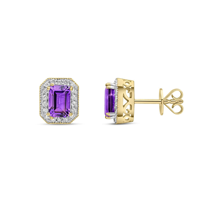 9ct Yellow Gold Octagonal Natural Amethyst & Diamond Halo Stud Earrings — 6x4mm