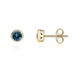 9ct Yellow Gold Round Natural London Blue Topaz Rubover Stud Earrings — 4mm