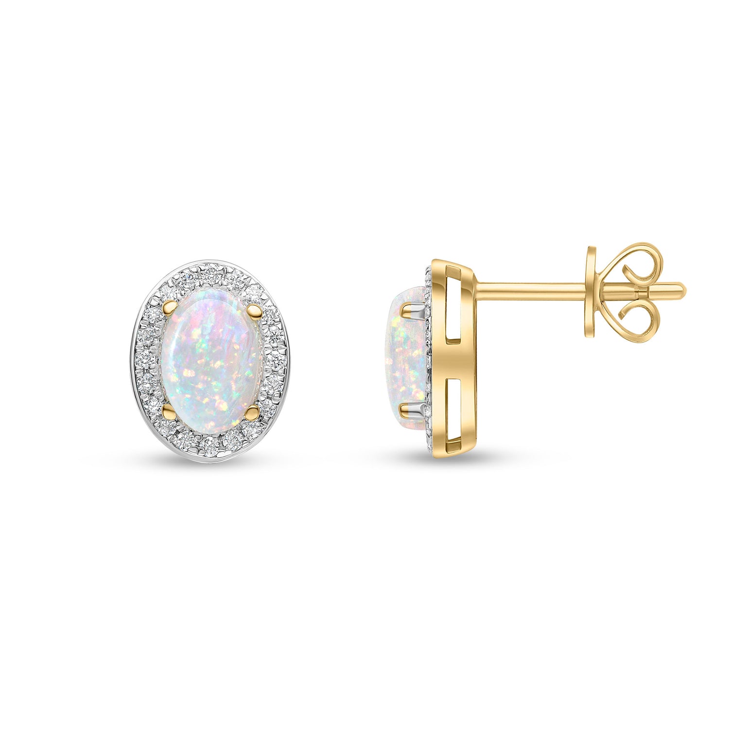 18ct Yellow Gold Oval Natural Opal and Diamond Cluster Earrings — 7x5mm