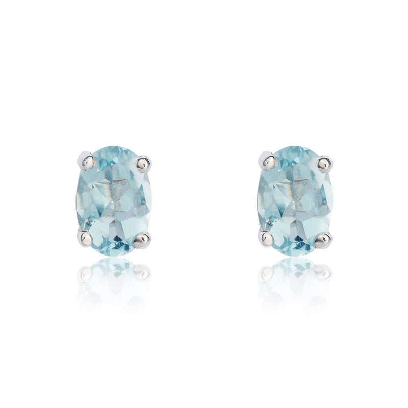 9ct White Gold Oval Natural Aquamarine Claw Stud Earrings — 6x4mm