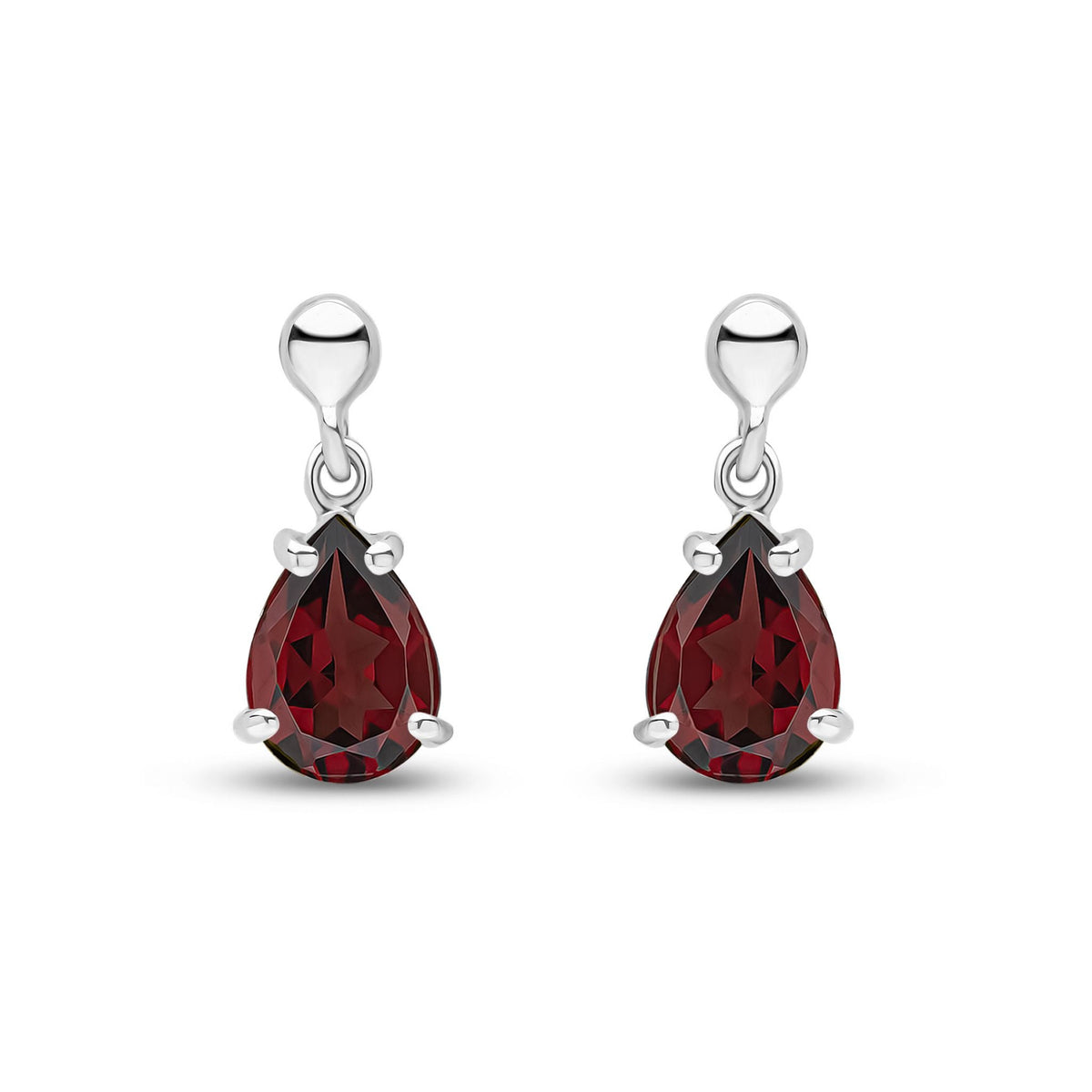 9ct White Gold Pear Shaped Natural Garnet Claw Drop Earrings — 7x5mm