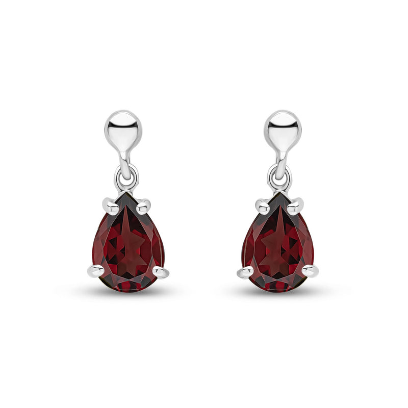 9ct White Gold Pear Shaped Natural Garnet Claw Drop Earrings — 7x5mm