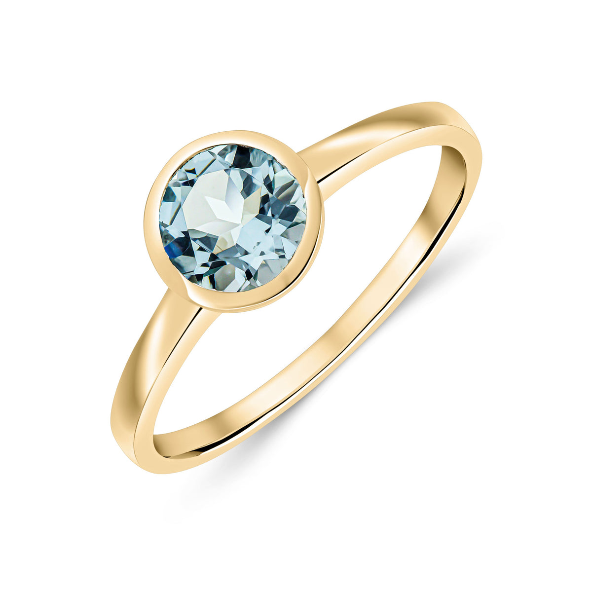 9ct Yellow Gold Round Natural Aquamarine Rubover Ring — 6mm