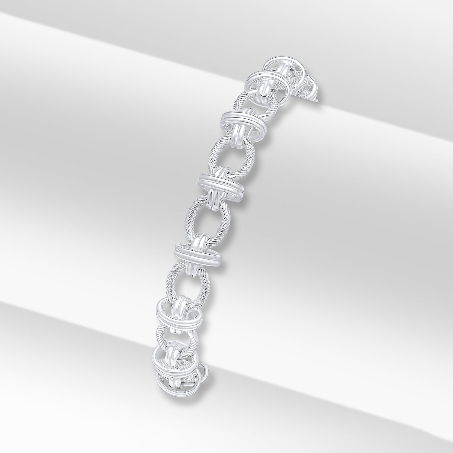 Sterling Silver 9mm Textured Oval Double Ring Bracelet with Bolt Ring Clasp