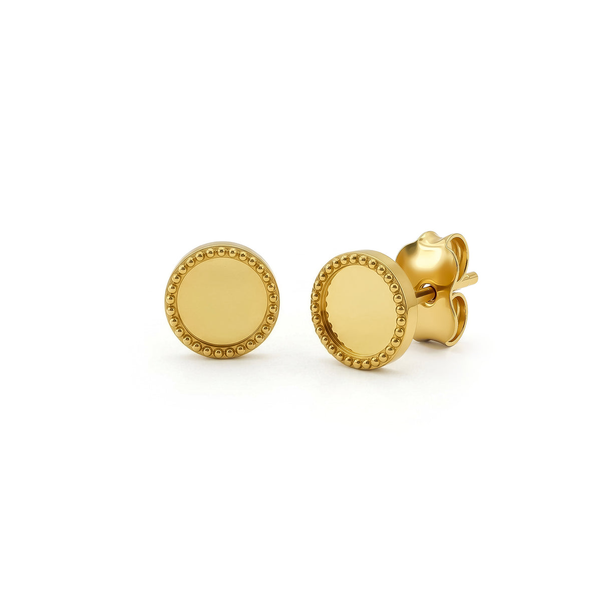 9ct Yellow Gold Beaded Edge Round Circle Stud Earrings — 6.3mm