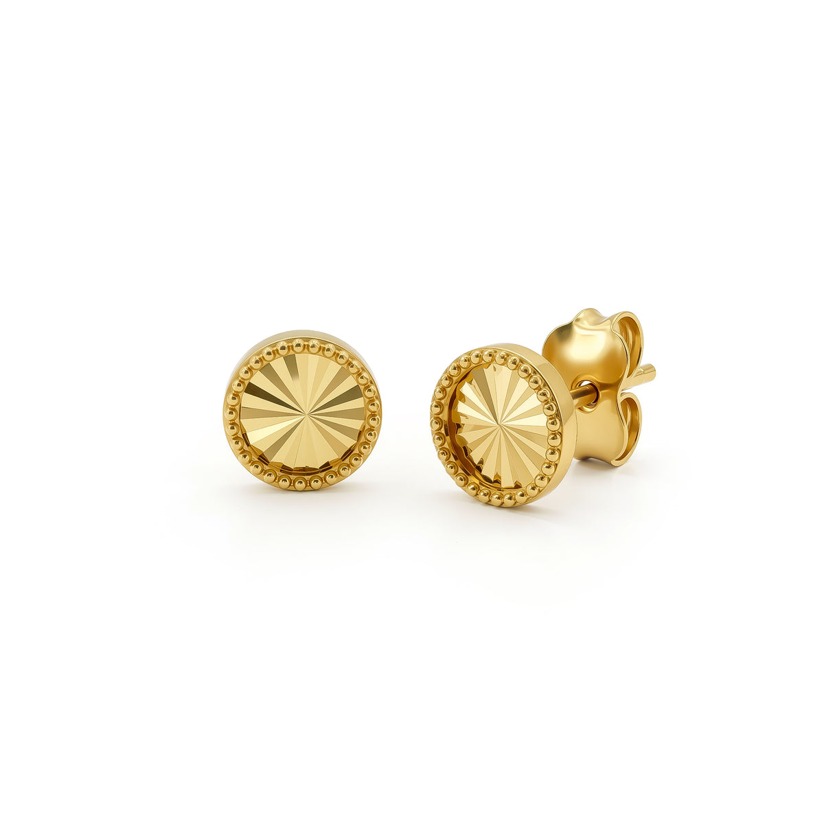 9ct Yellow Gold Diamond Cut Beaded Edge Circle Stud Earrings