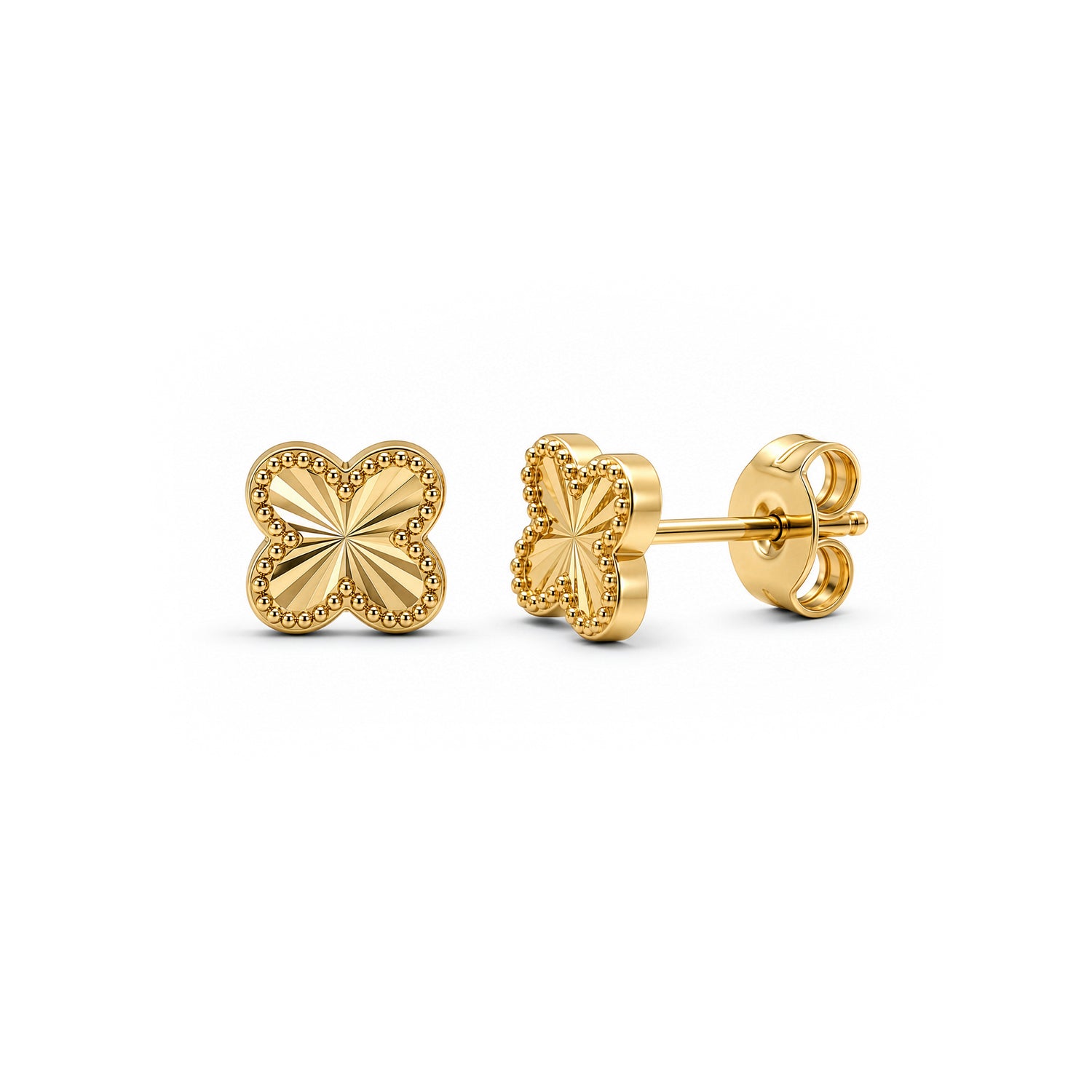9ct Yellow Gold Diamond Cut Beaded Edge Clover Stud Earrings — 6mm