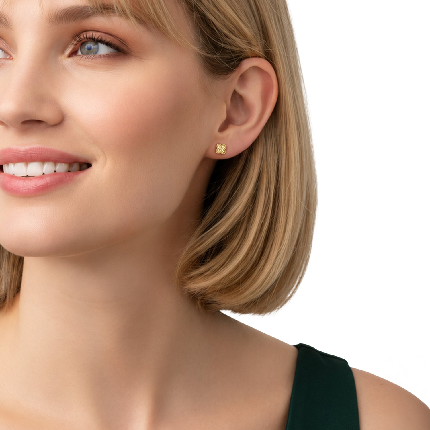 9ct Yellow Gold Diamond Cut Beaded Edge Clover Stud Earrings — 6mm