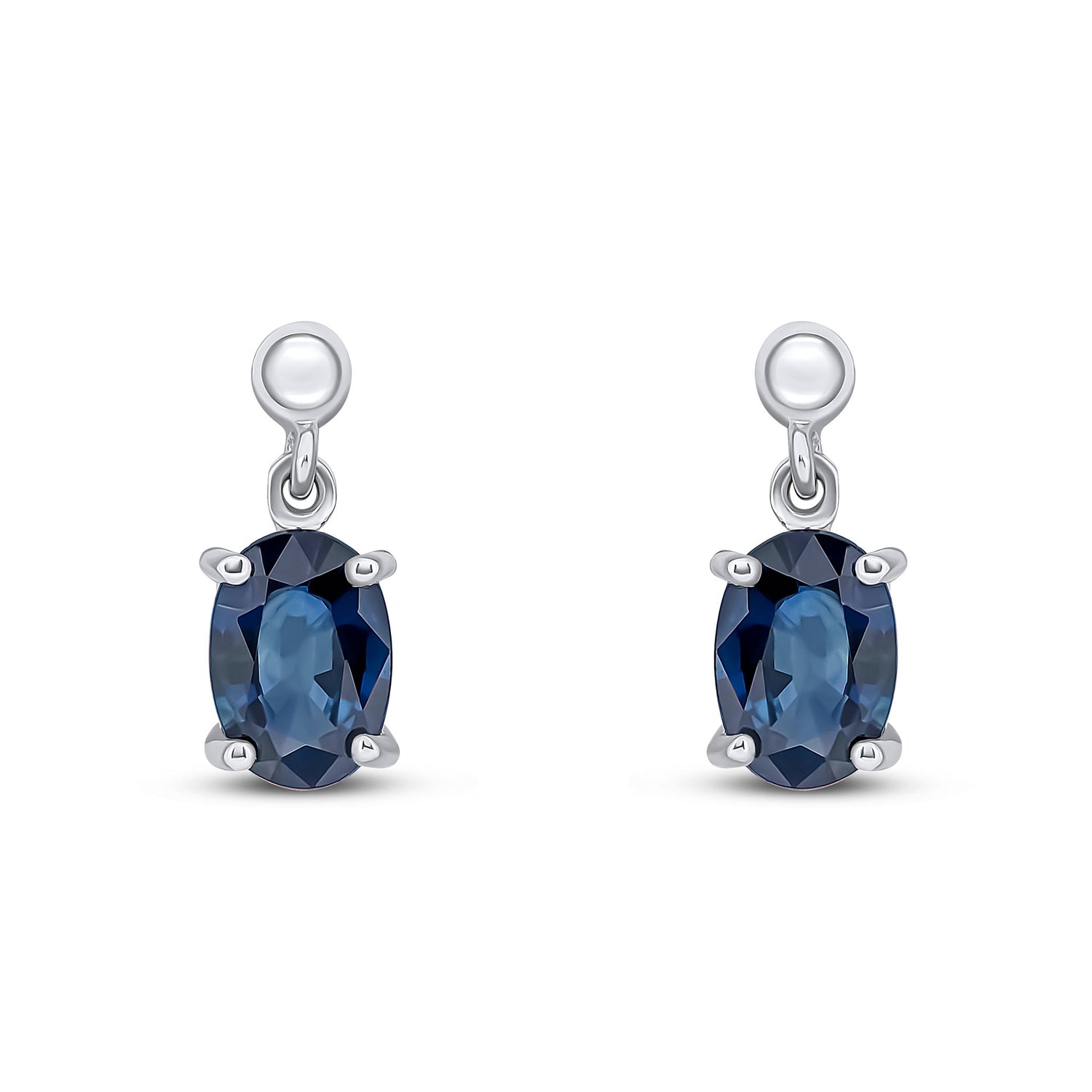 9ct White Gold Oval Natural Blue Sapphire Drop Earrings — 7x5mm