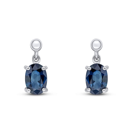 9ct White Gold Oval Natural Blue Sapphire Drop Earrings — 7x5mm