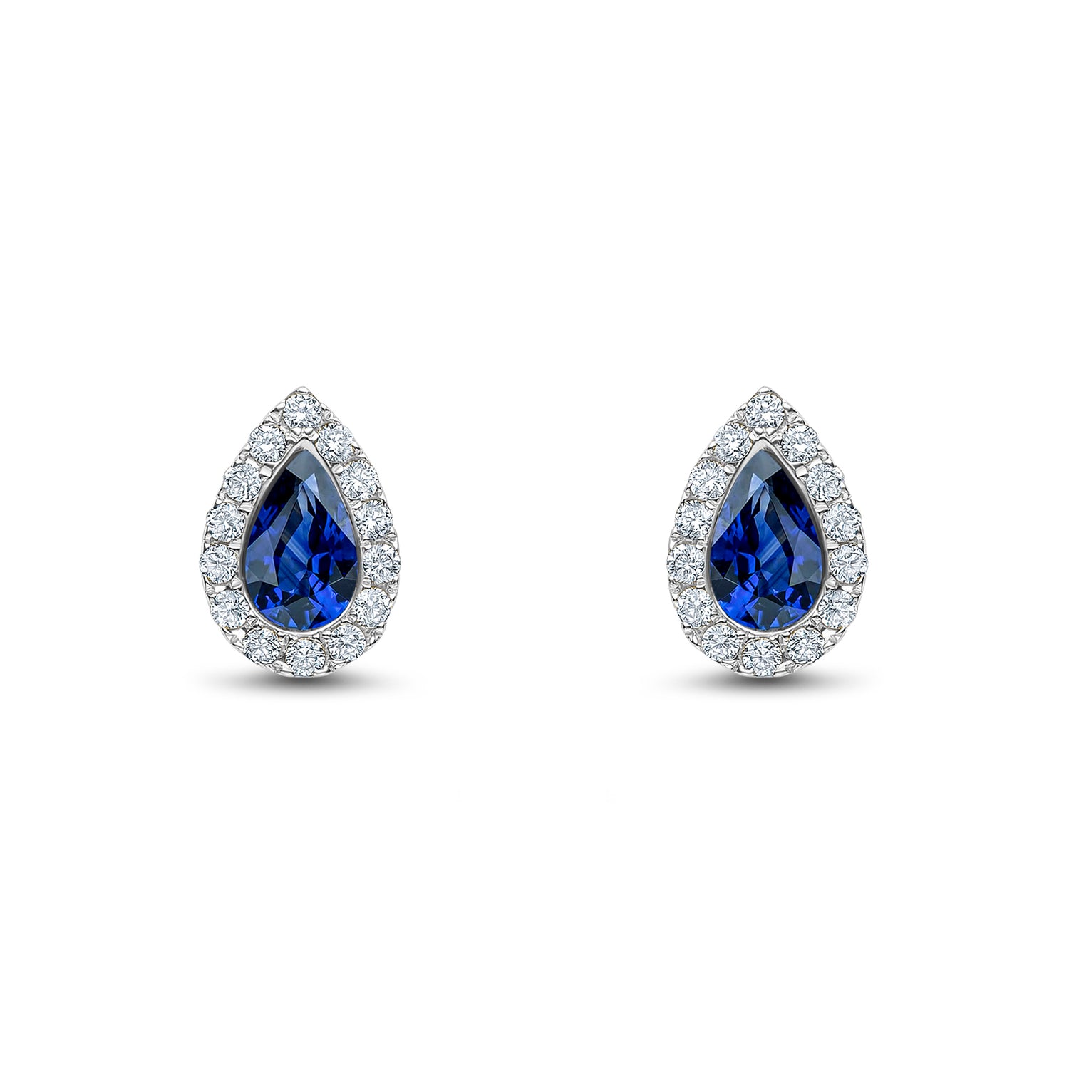 18ct White Gold Pear Shaped Natural Sapphire and Diamond Cluster Stud Earrings — 5x3mm