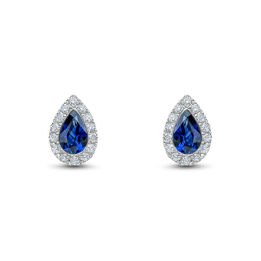 18ct White Gold Pear Shaped Natural Sapphire and Diamond Cluster Stud Earrings — 5x3mm