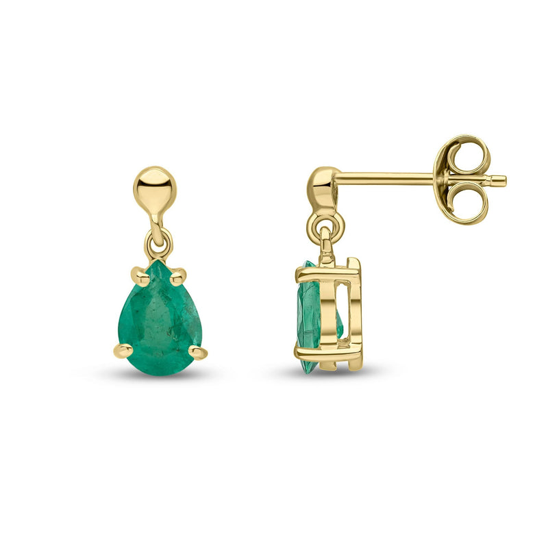 9ct Yellow Gold Pear Shaped Natural Emerald Claw Drop Earrings — 7x5mm