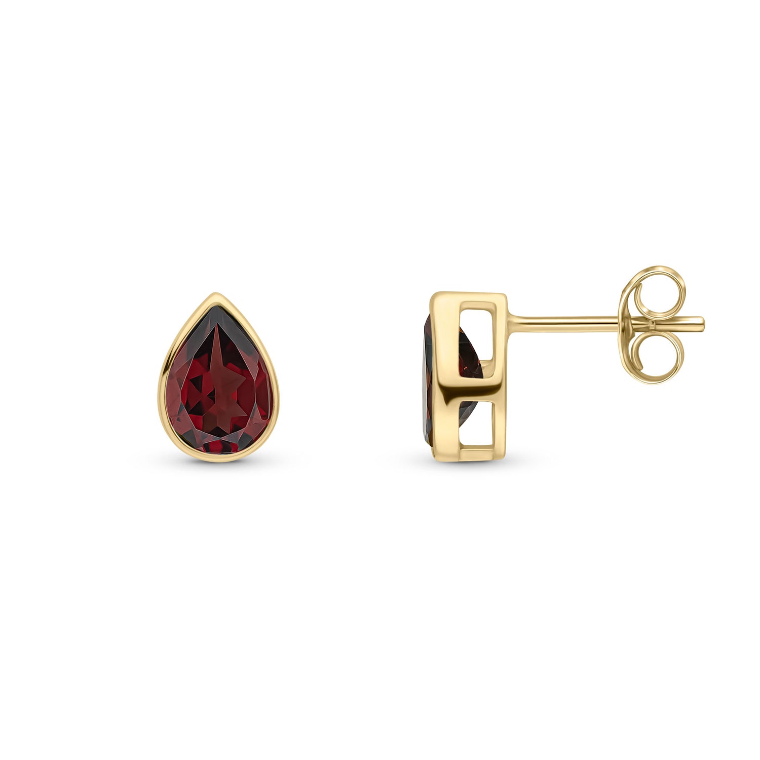 9ct Yellow Gold Pear Shaped Garnet Rubover Stud Earrings — 7x5mm
