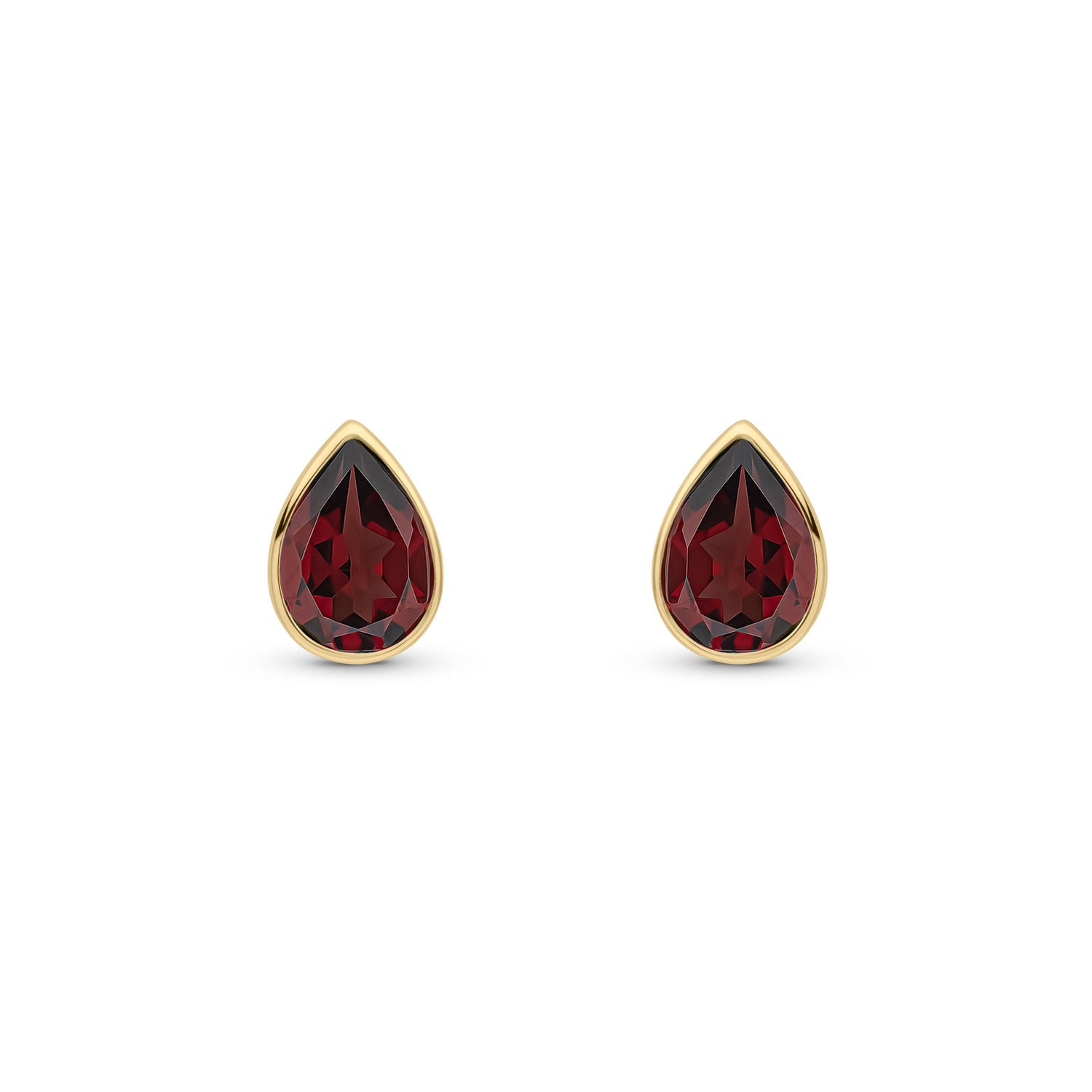 9ct Yellow Gold Pear Shaped Garnet Rubover Stud Earrings — 7x5mm