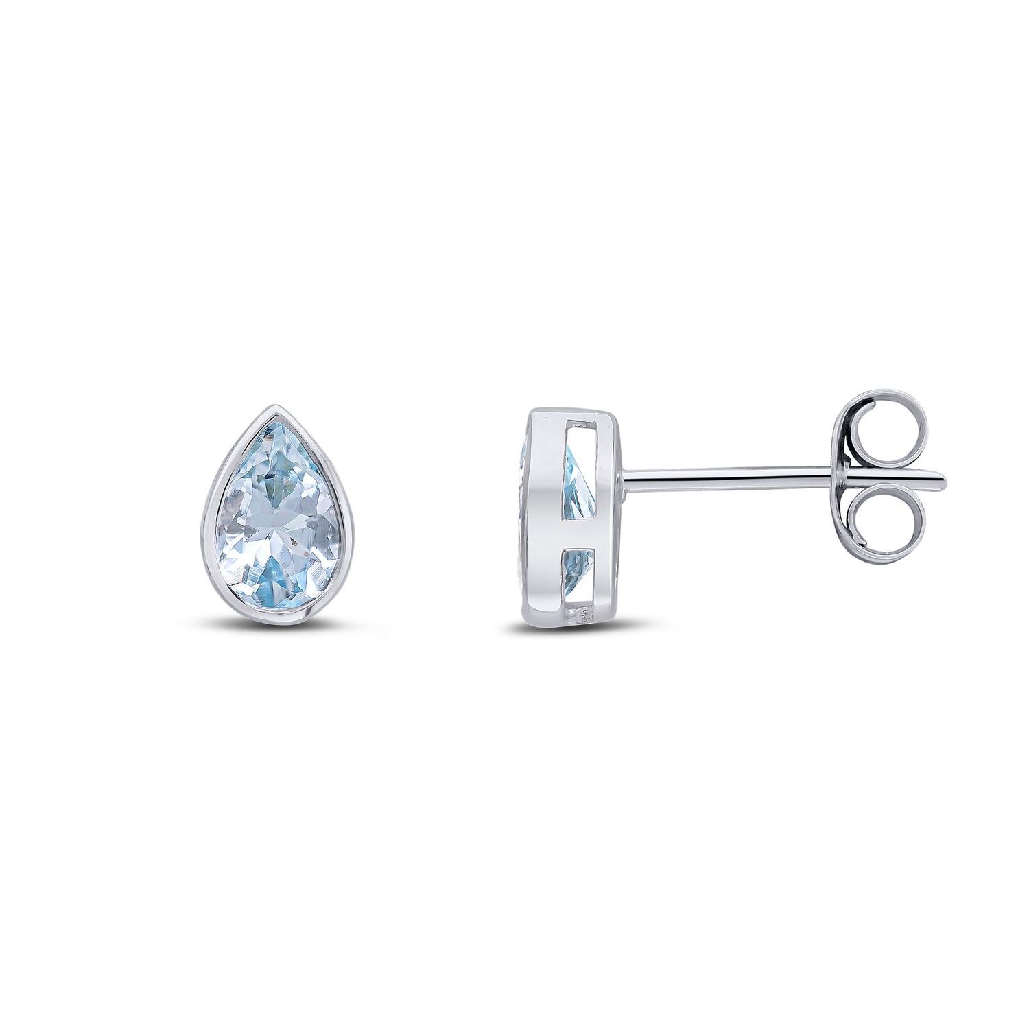 9ct White Gold Pear Shaped Aquamarine Rubover Stud Earrings — 6x4mm