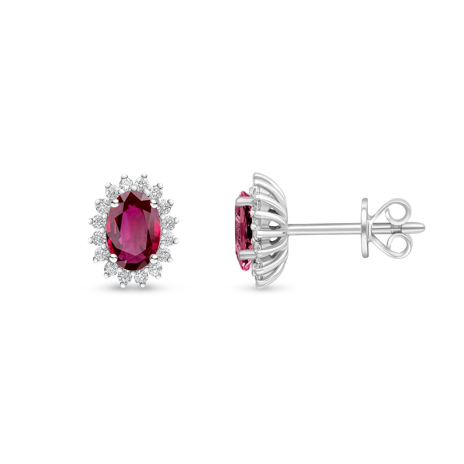 18ct White Gold Oval Natural Ruby and Round Diamond Claw Set Cluster Stud Earrings — 6x4mm