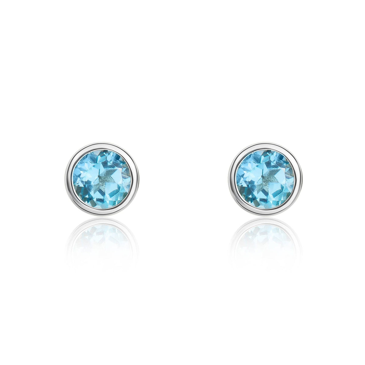 9ct White Gold Round Natural Swiss Blue Topaz Rubover Stud Earrings — 3mm
