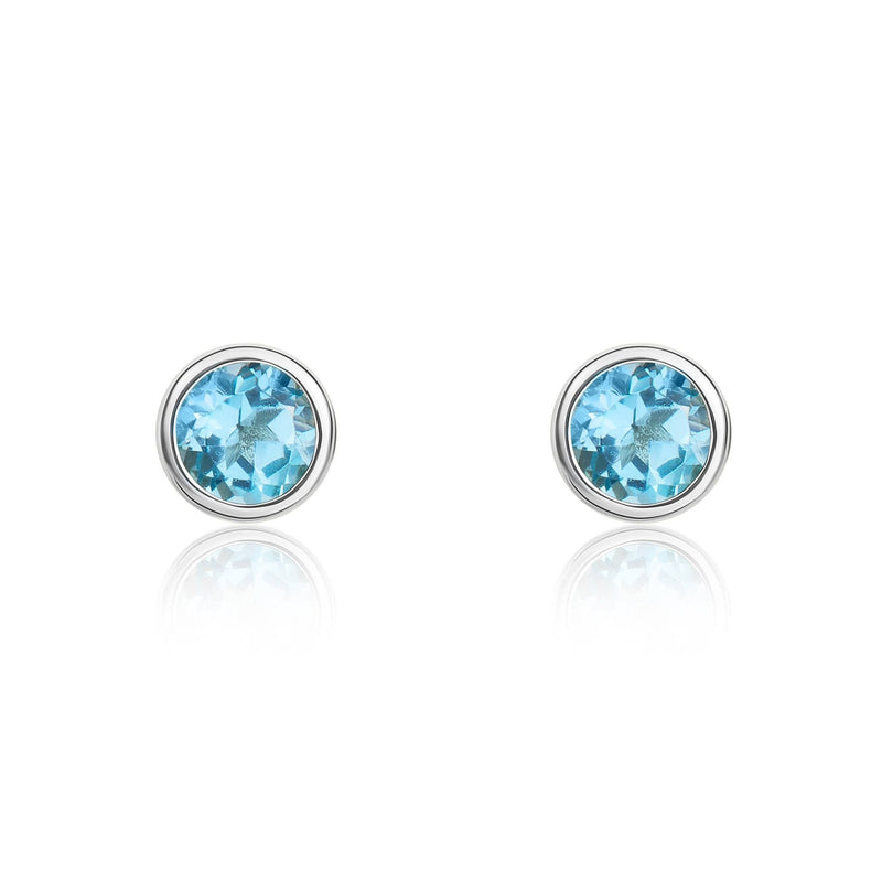 9ct White Gold Round Natural Swiss Blue Topaz Rubover Stud Earrings — 3mm