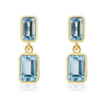 9ct Yellow Gold Octagonal Emerald Cut Natural Swiss Blue Topaz Double Stone Rubover Drop Earrings