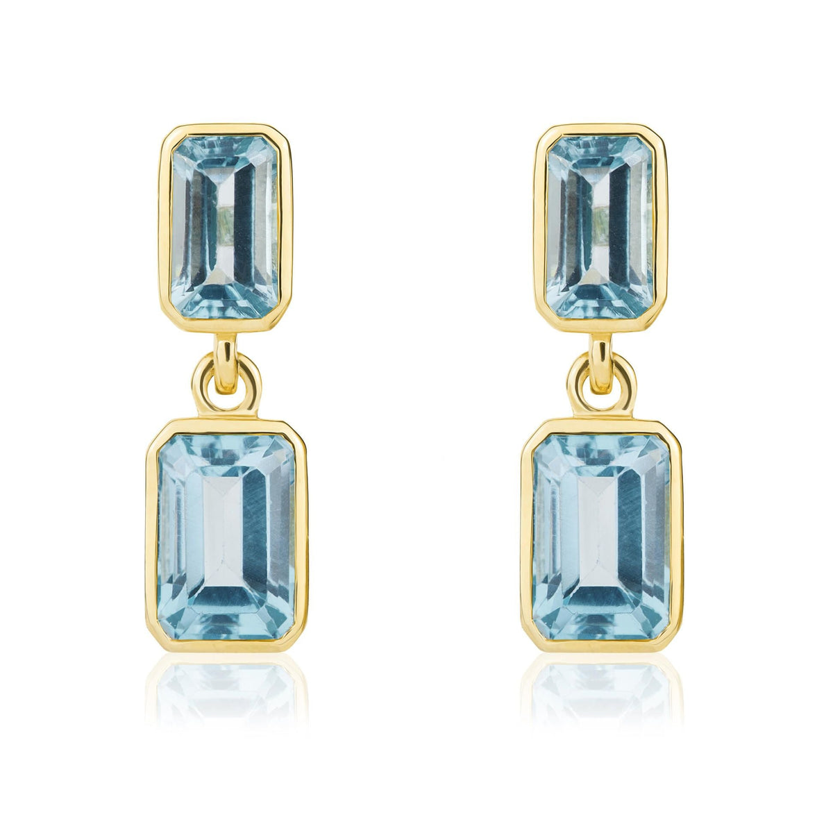 9ct Yellow Gold Octagonal Emerald Cut Natural Swiss Blue Topaz Double Stone Rubover Drop Earrings