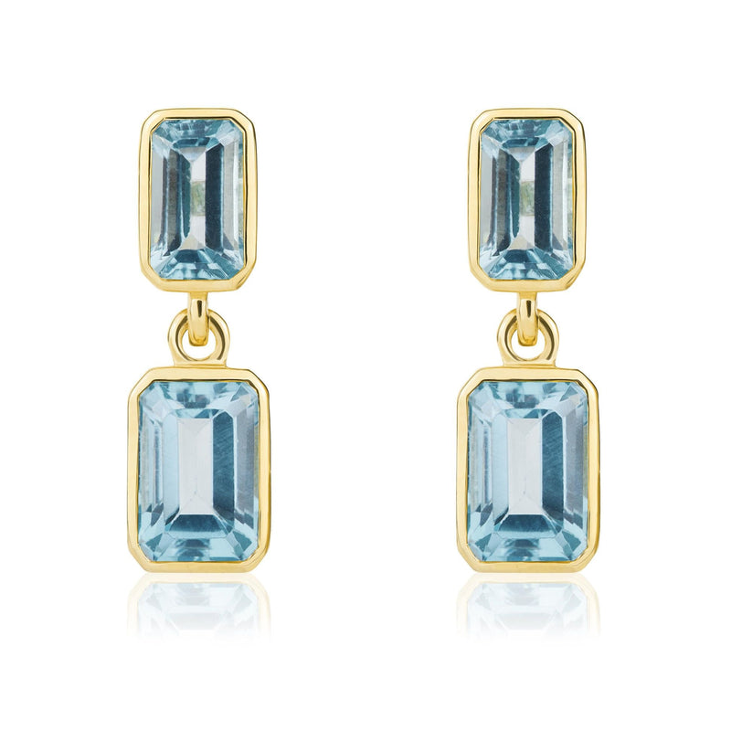 9ct Yellow Gold Octagonal Emerald Cut Natural Swiss Blue Topaz Double Stone Rubover Drop Earrings