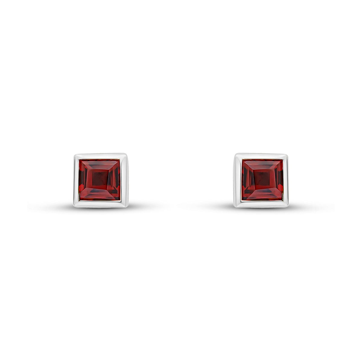 9ct White Gold Square Natural Garnet Rubover Stud Earrings — 3mm