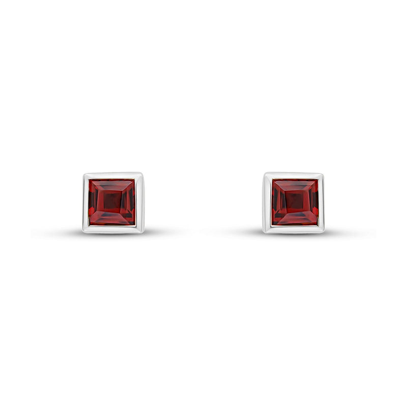 9ct White Gold Square Natural Garnet Rubover Stud Earrings — 3mm