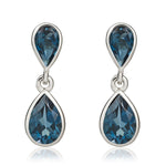 9ct White Gold Pear Shaped Natural London Blue Topaz Two Stone Rubover Drop Earrings
