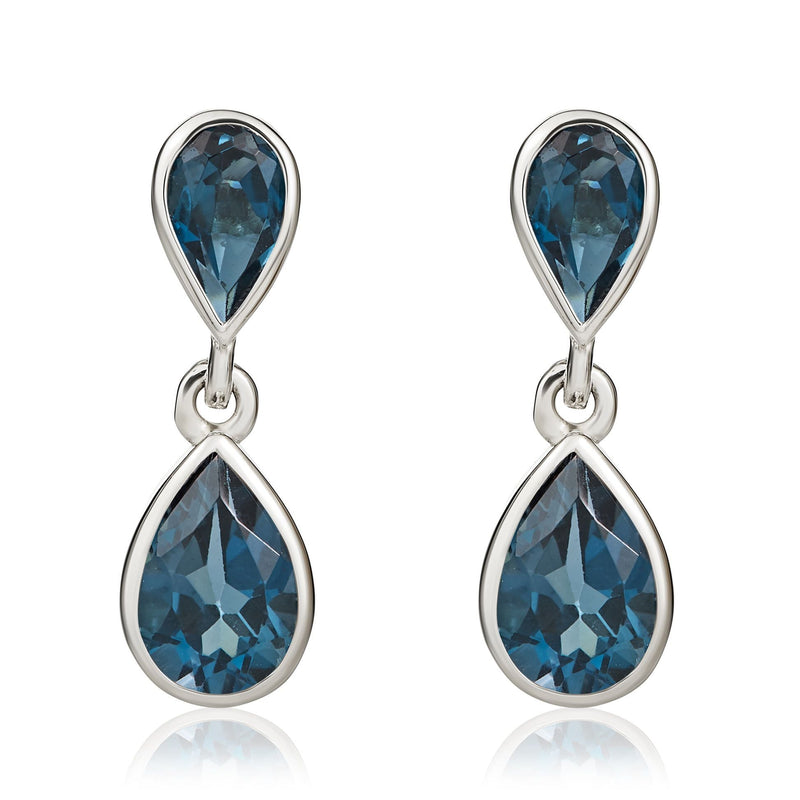9ct White Gold Pear Shaped Natural London Blue Topaz Two Stone Rubover Drop Earrings
