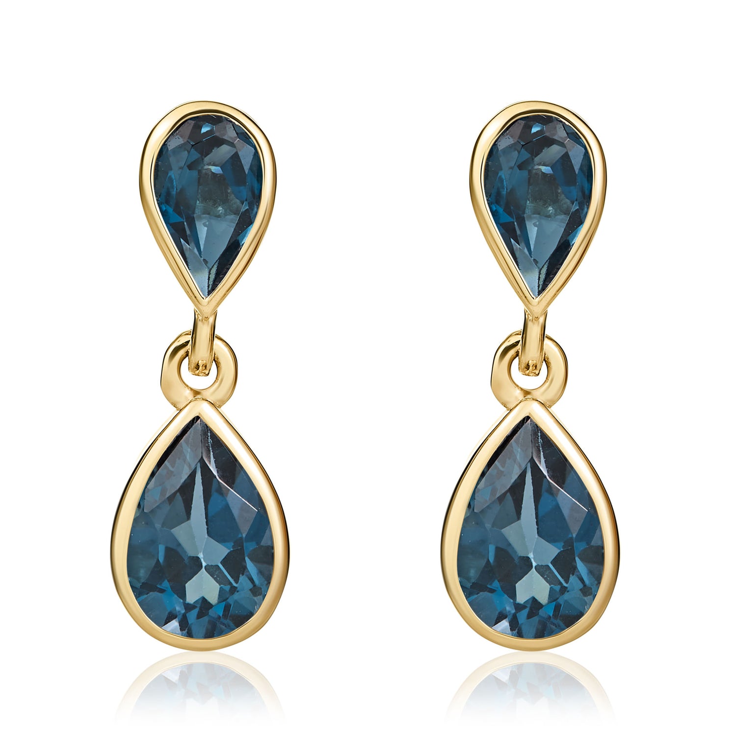 9ct Yellow Gold Pear Shaped Natural London Blue Topaz Two Stone Rubover Drop Earrings