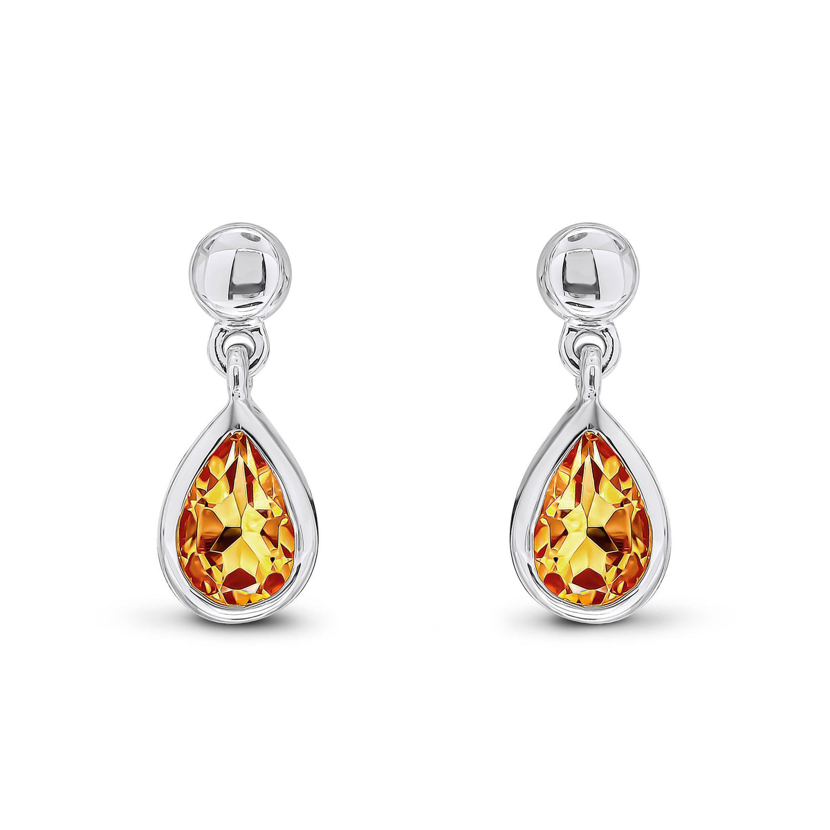 9ct White Gold Pear Shaped Natural Citrine Rubover Drop Earrings — 6x4mm