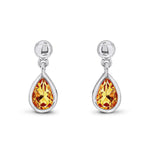 9ct White Gold Pear Shaped Natural Citrine Rubover Drop Earrings with Bead Top — 6x4mm