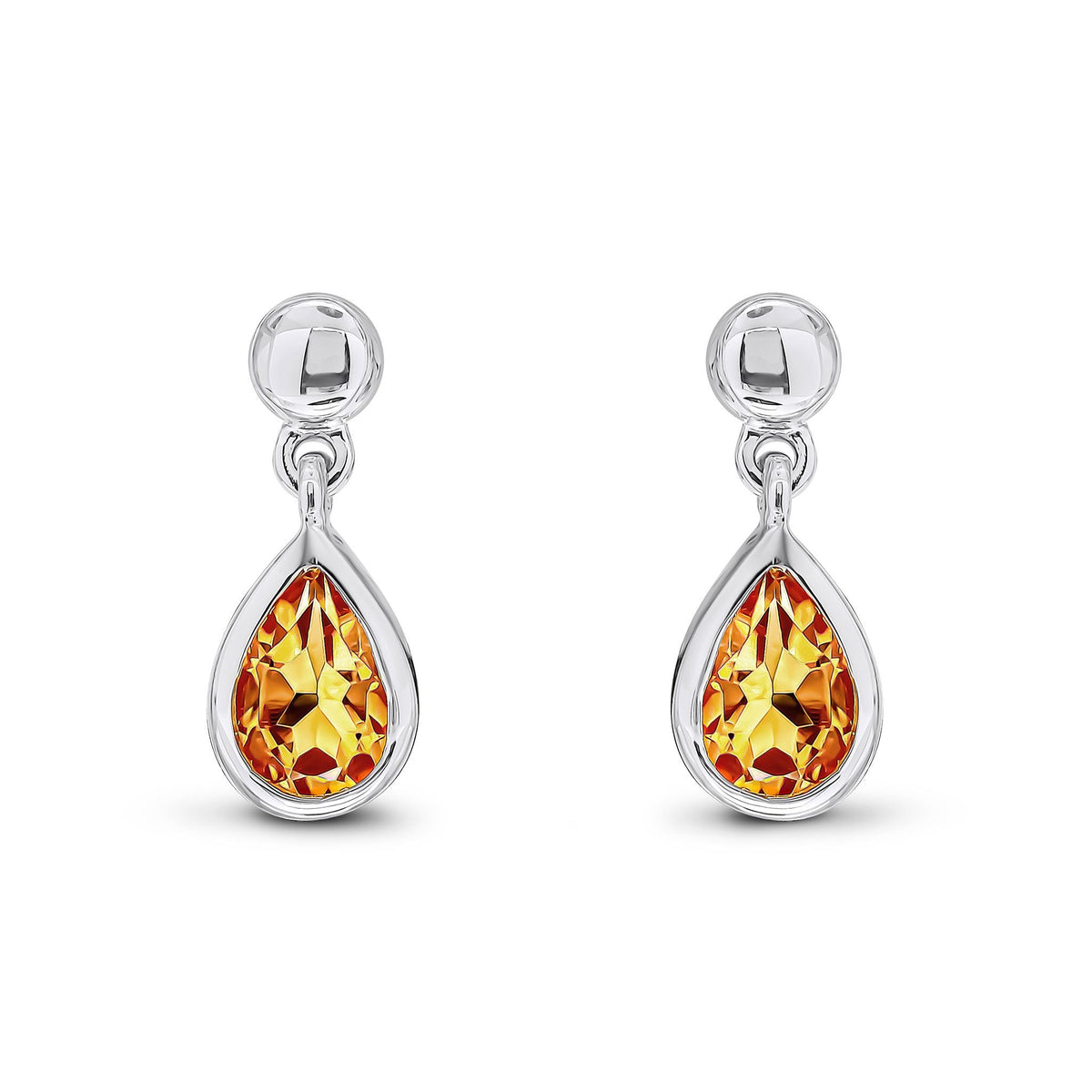 9ct White Gold Pear Shaped Natural Citrine Rubover Drop Earrings with Bead Top — 6x4mm