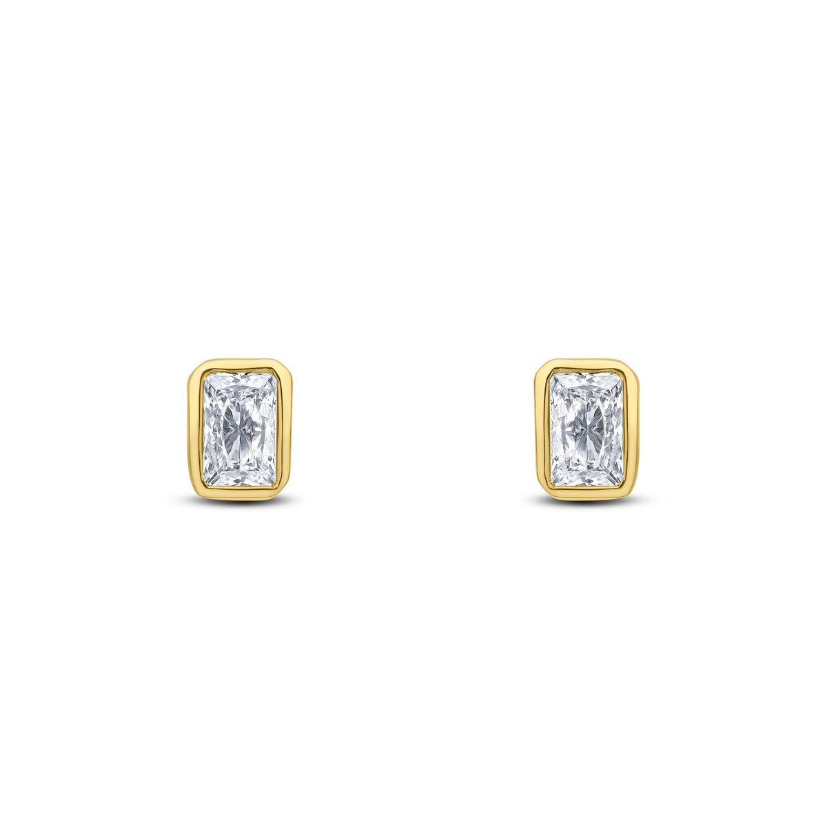 9ct Yellow Gold Octagonal Emerald Cut Cubic Zirconia CZ Rubover Stud Earrings — 5x3mm