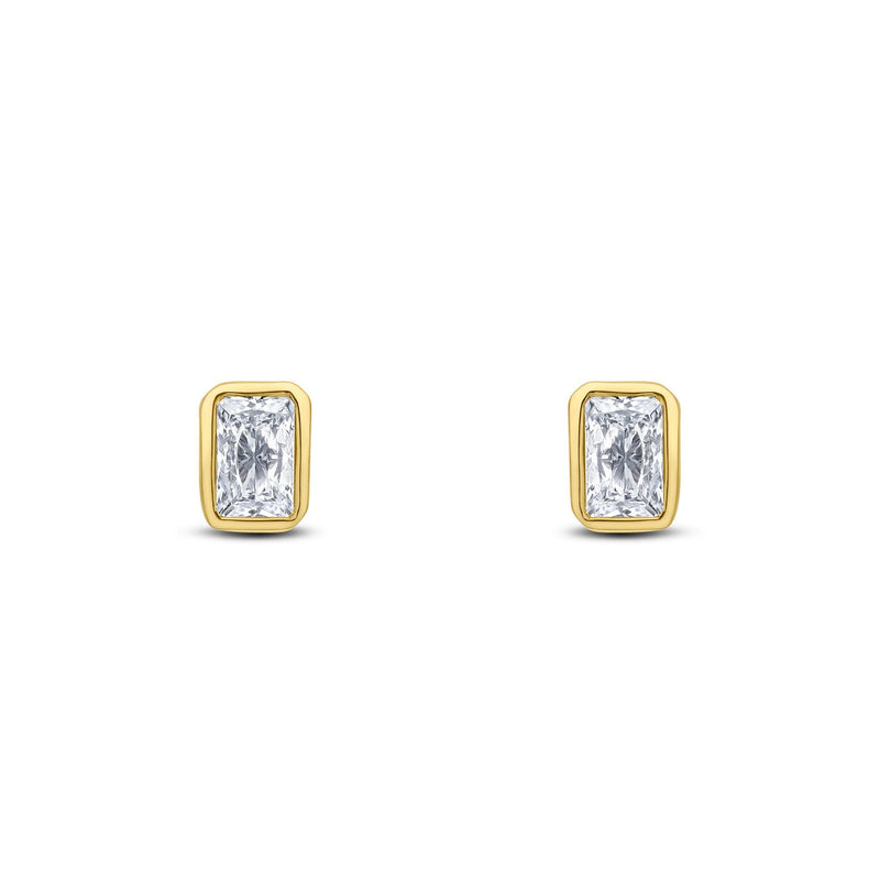 9ct Yellow Gold Octagonal Emerald Cut Cubic Zirconia CZ Rubover Stud Earrings — 5x3mm
