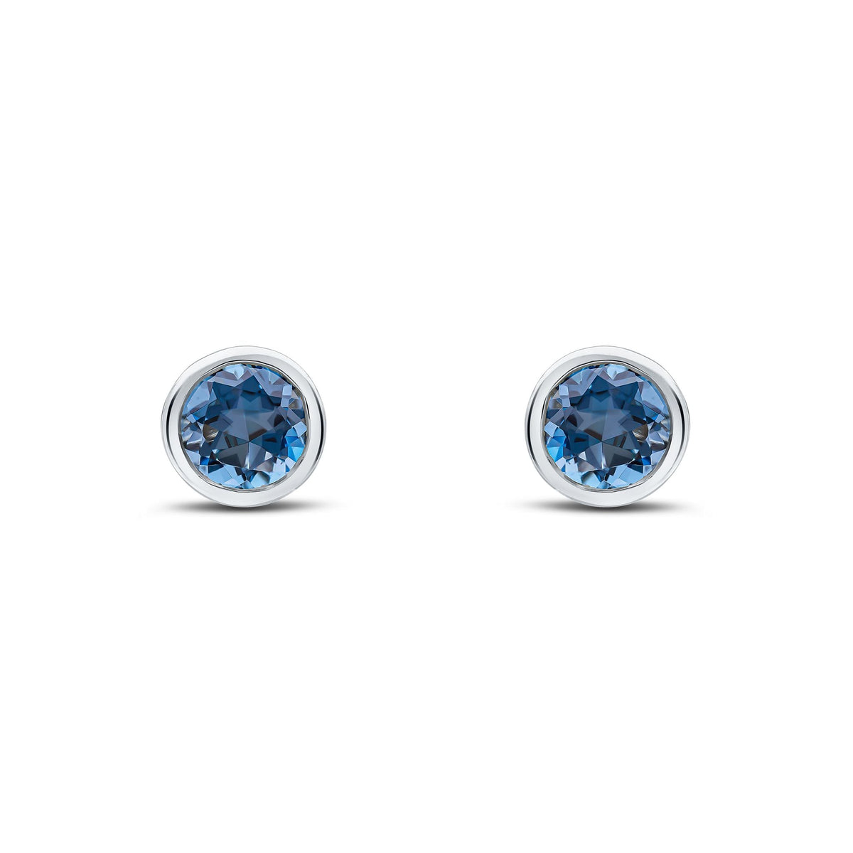 9ct White Gold Round Natural London Blue Topaz Rubover Stud Earrings — 6mm