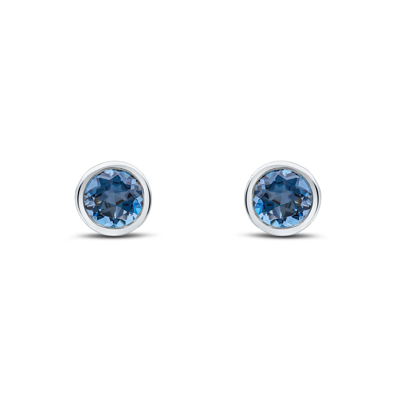 9ct White Gold Round Natural London Blue Topaz Rubover Stud Earrings — 6mm