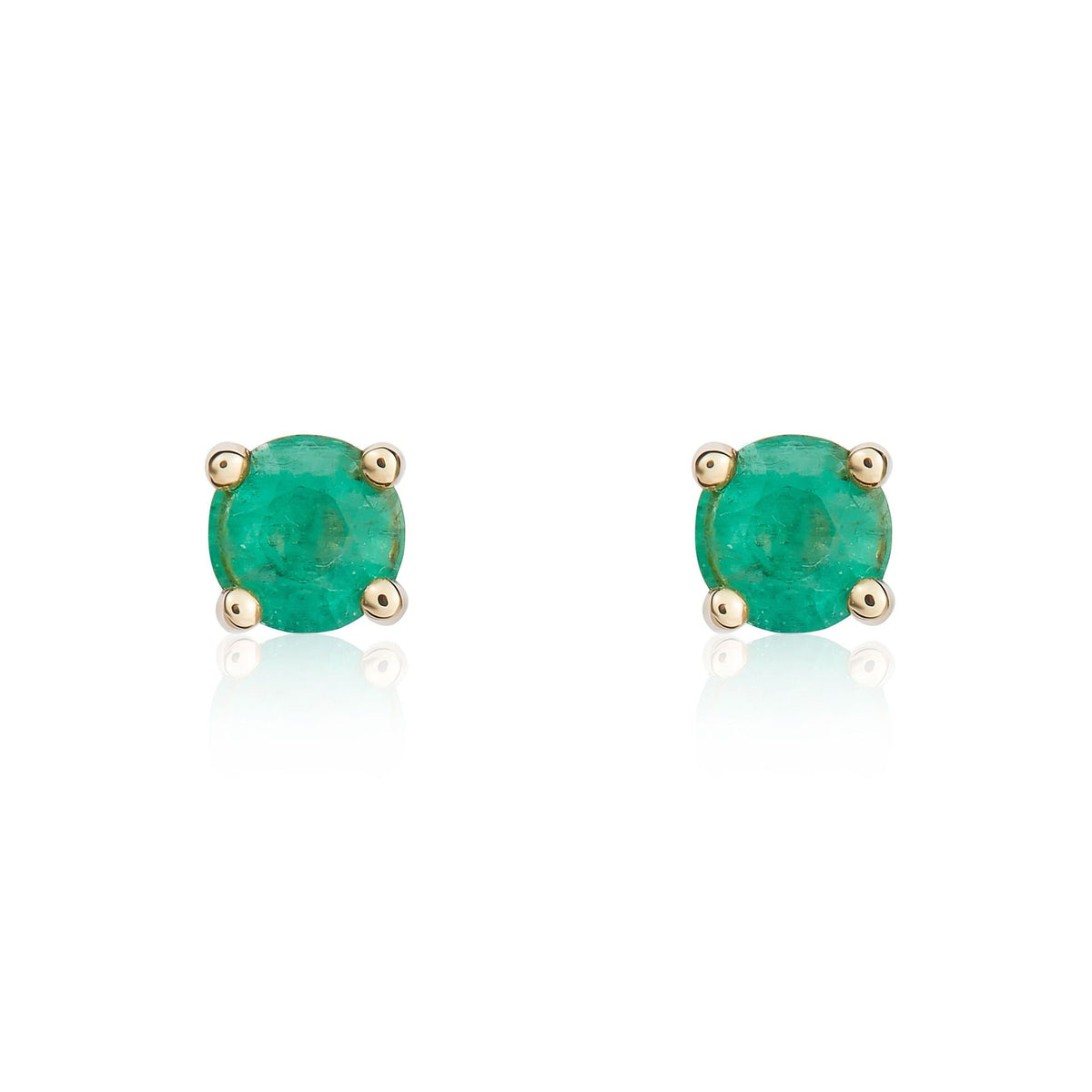9ct Yellow Gold Round Natural Emerald Claw Stud Earrings — 4mm