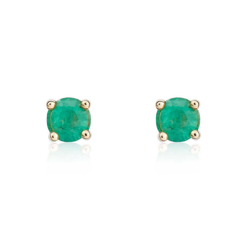 9ct Yellow Gold Round Natural Emerald Claw Stud Earrings — 4mm