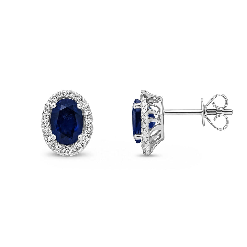 9ct White Gold Oval Natural Sapphire & Diamond Cluster Stud Earrings — 7x5mm