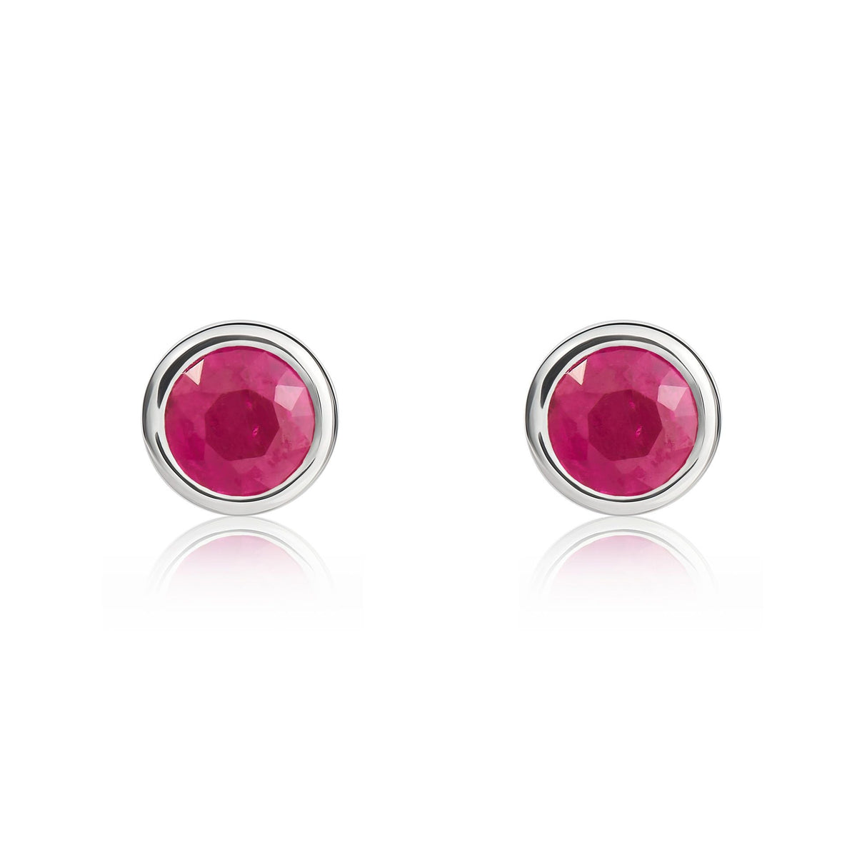 9ct White Gold Round Natural Ruby Rubover Stud Earrings — 4mm
