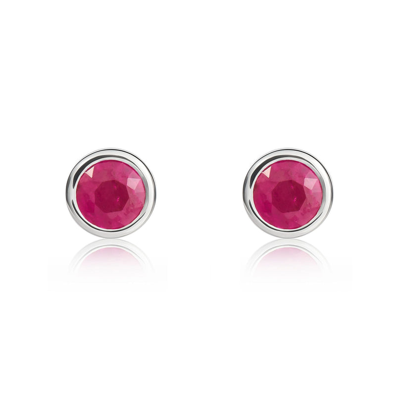 9ct White Gold Round Natural Ruby Rubover Stud Earrings — 4mm